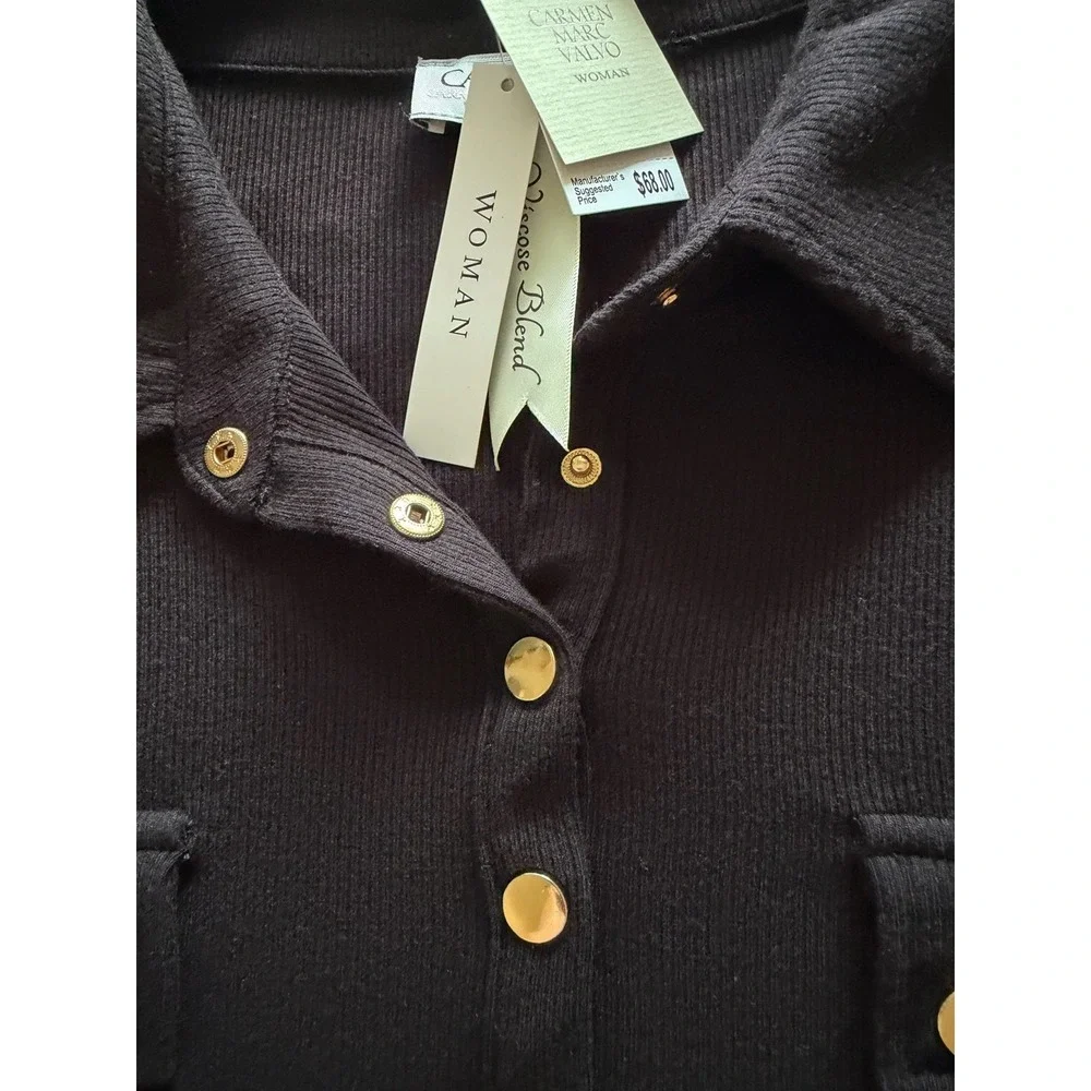 Carmen Marc Valvo Women's Knit Button Blouse Black Collared Plus‎ Size 2X - Picture 11 of 15